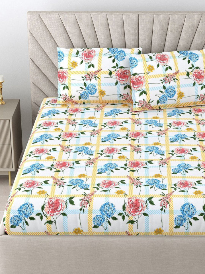 BOMBAY DYEING Florentine White Floral Pure Cotton 144TC Queen Bedsheet Set 2.28 m X 2.54 m
