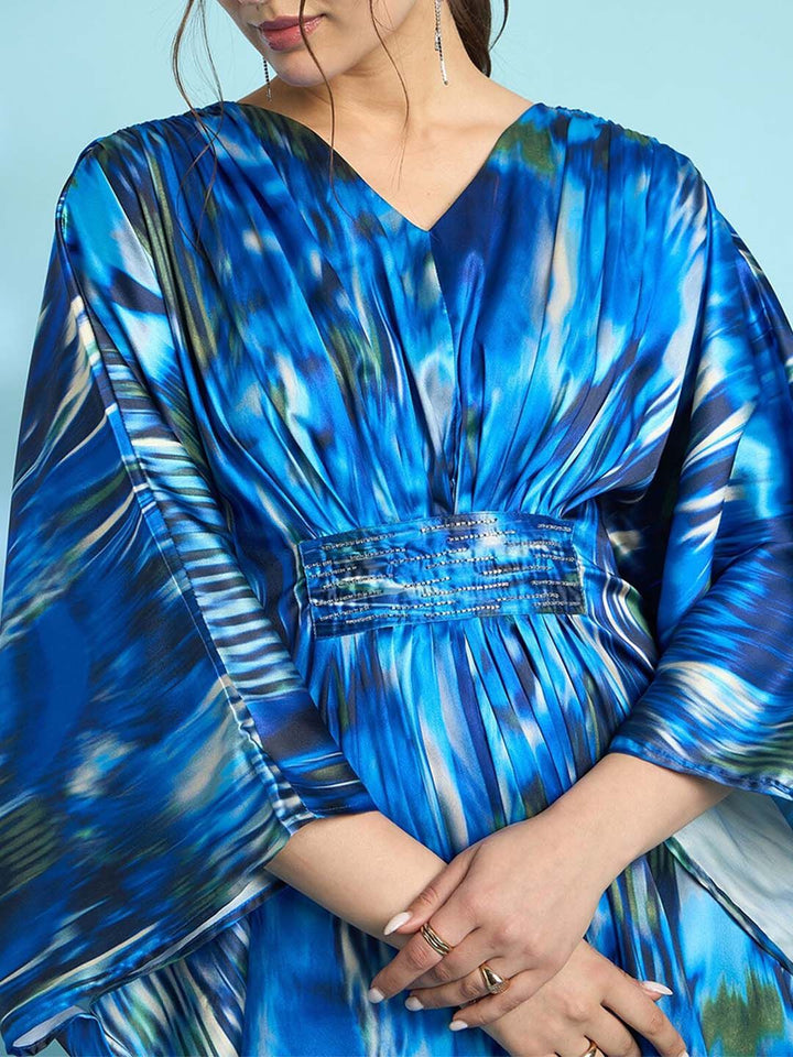Antheaa Embellished Print Flared Sleeve Satin Kaftan Dress