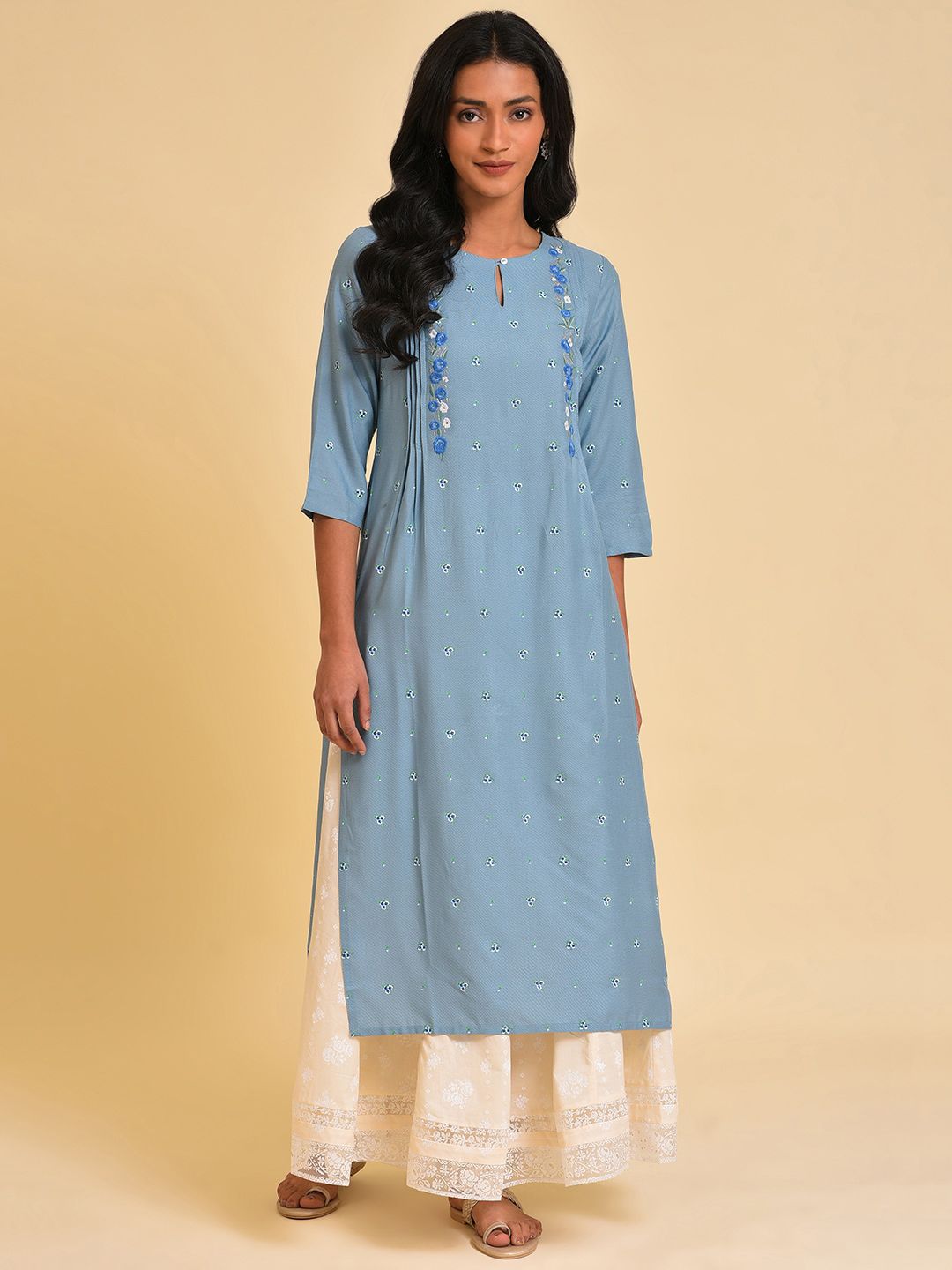 W Blue Floral Embroidered Keyhole Neck Thread Work Kurta