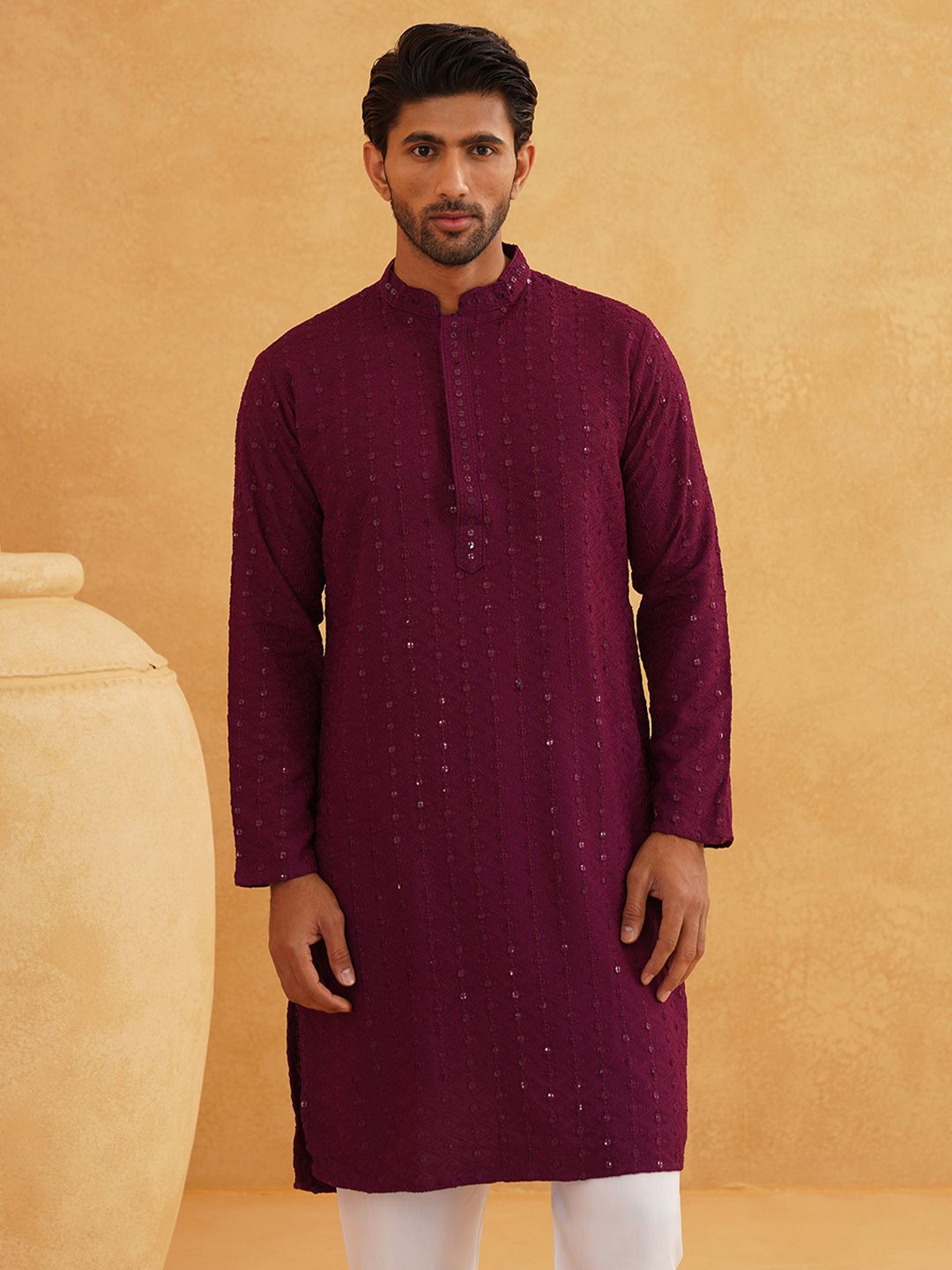 SOJANYA Lelaki Purple Embroidered Regular Pure Cotton Kurta with Churidar