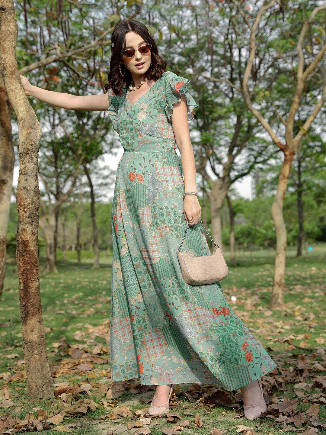 STREET 9 Green Floral Print Flutter Sleeve Georgette A-Line Dress