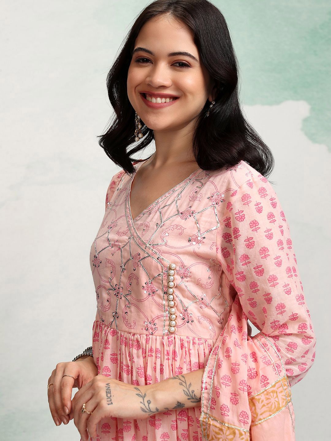 Vishudh Ethnic Motifs Embroidered Sequinned Pure Cotton Kurta With Trousers & Dupatta