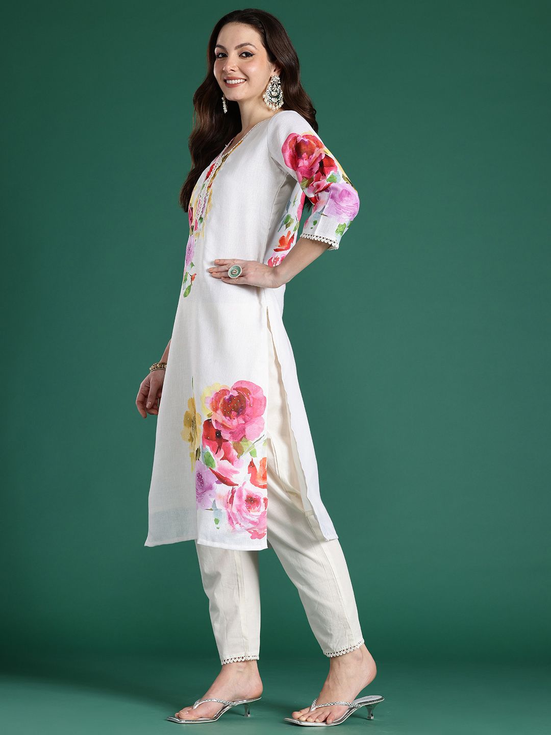 Indo Era Floral Printed Beads and Stones Linen Kurta with Trousers & With Dupatta