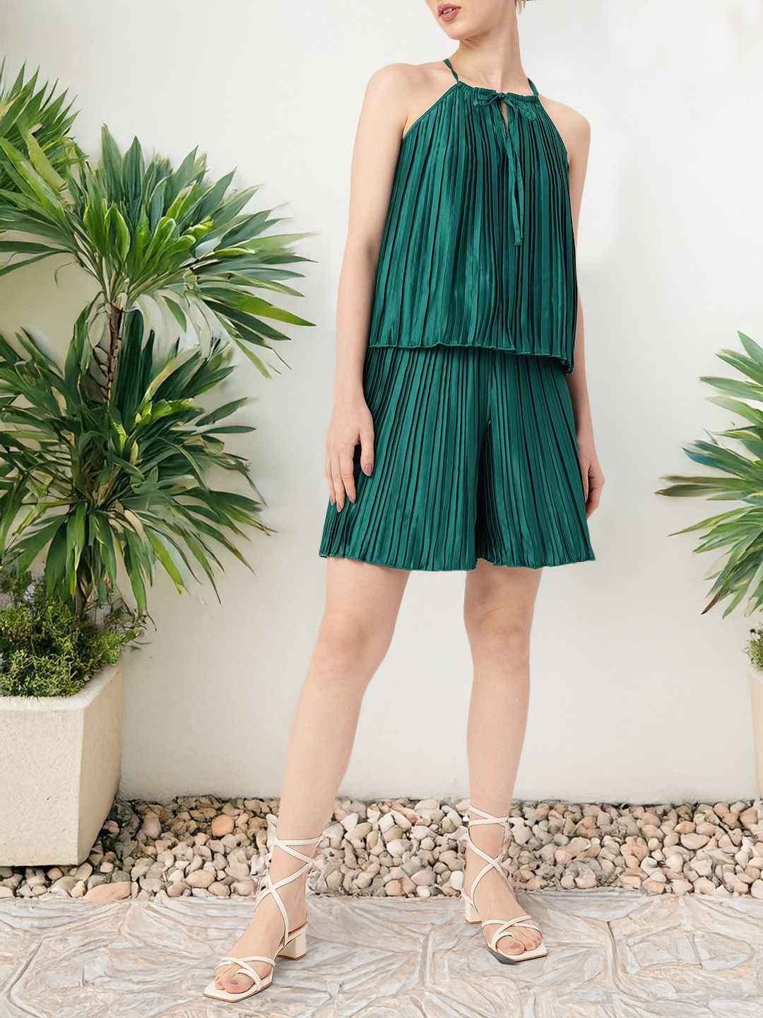 DressBerry Delightful Grace Accordion Pleats Tie-Up Neck Top With Flared Shorts Co-Ords