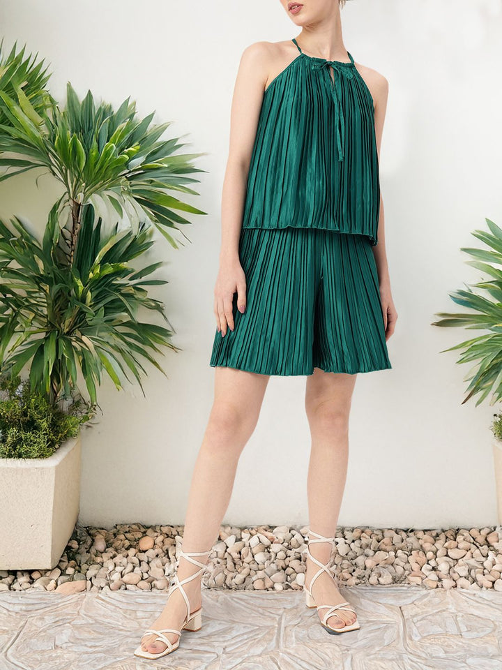 DressBerry Delightful Grace Accordion Pleats Tie-Up Neck Top With Flared Shorts Co-Ords