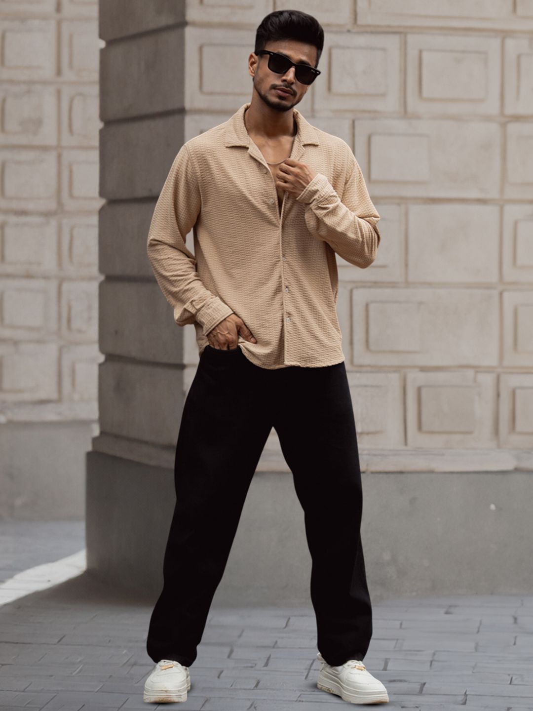 Powerlook Men Cuban Collar Textured Relaxed Fit Casual Shirt