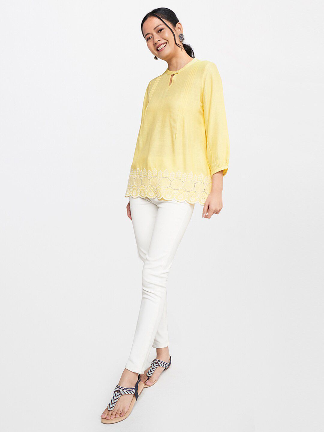 Global Desi Keyhole Neck Embroidered Top