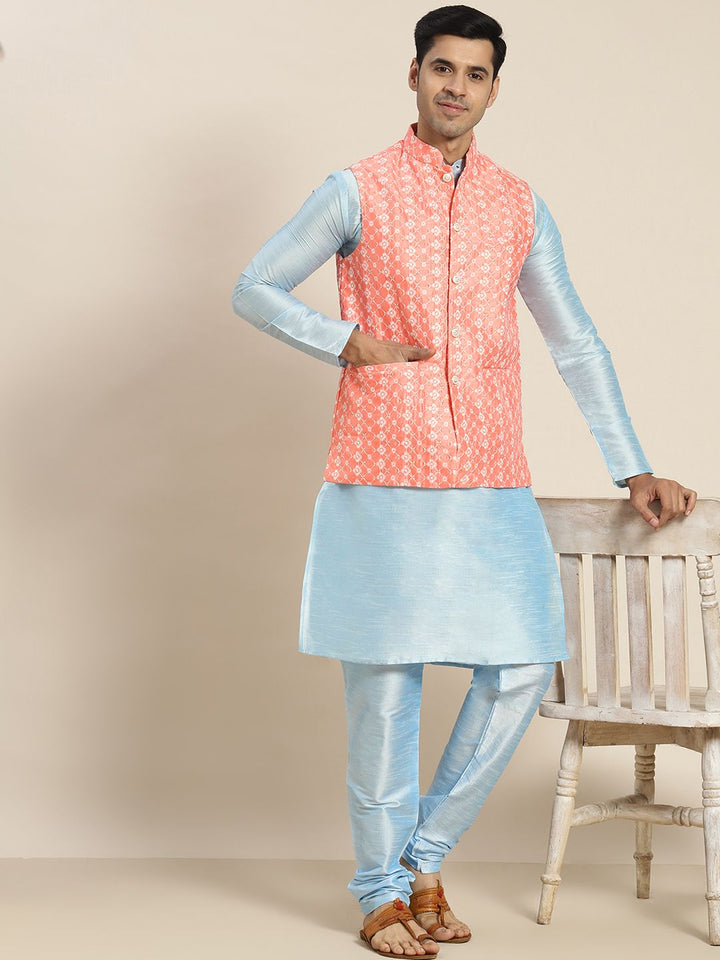 SOJANYA Men Blue Embroidered Kurta with Churidar with Nehru Jacket