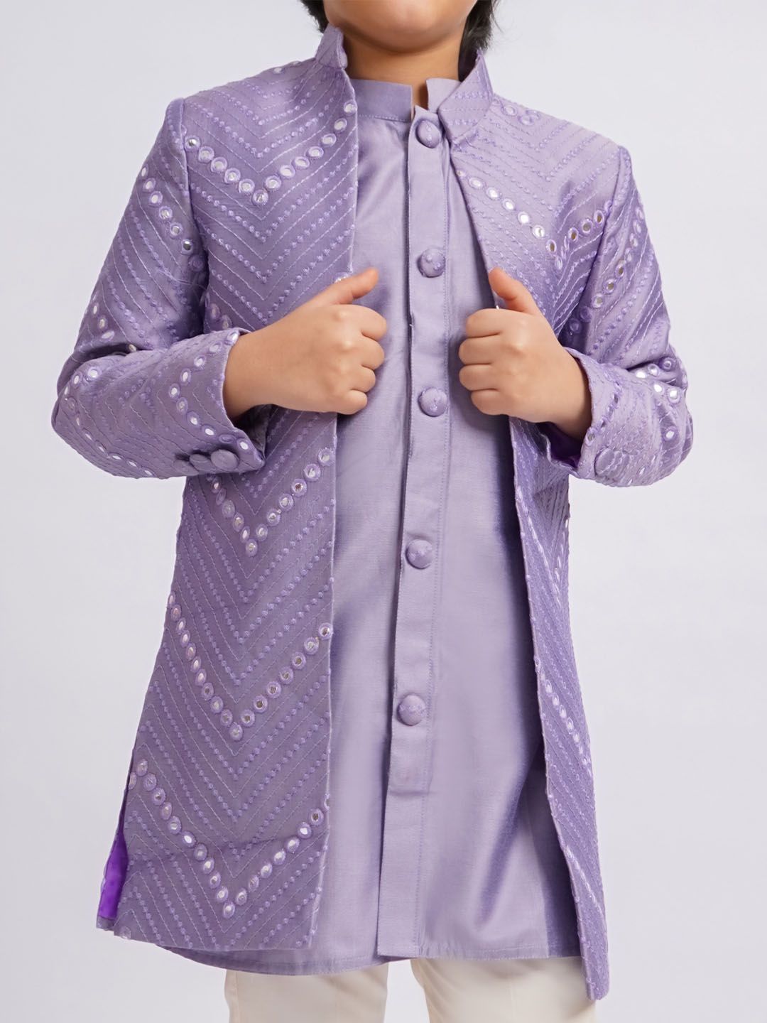 VASTRAMAY Boys Mirror Work Sherwani Over Kurta Pyjama