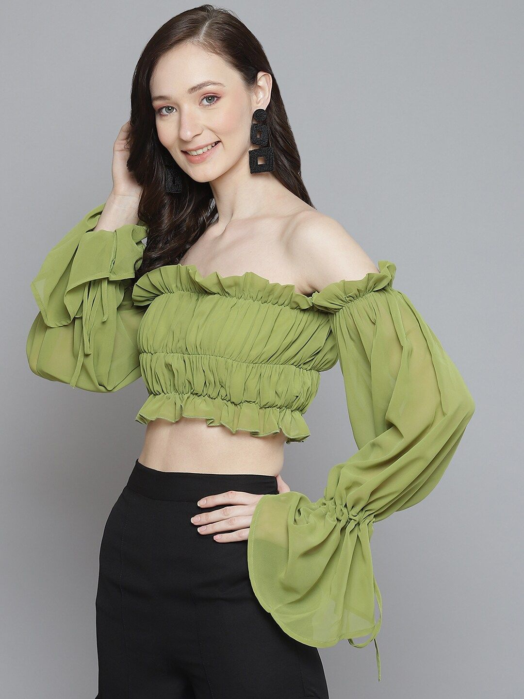 SASSAFRAS Green Halter Neck Georgette Blouson Crop Top