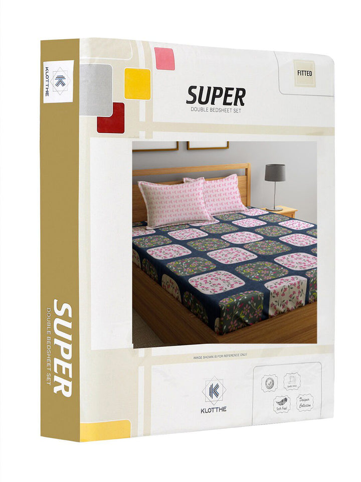 KLOTTHE Blue & Pink Floral Printed 300TC Fitted Double King Bedsheet With 2 Pillow Covers