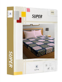 KLOTTHE Blue & Pink Floral Printed 300TC Fitted Double King Bedsheet With 2 Pillow Covers