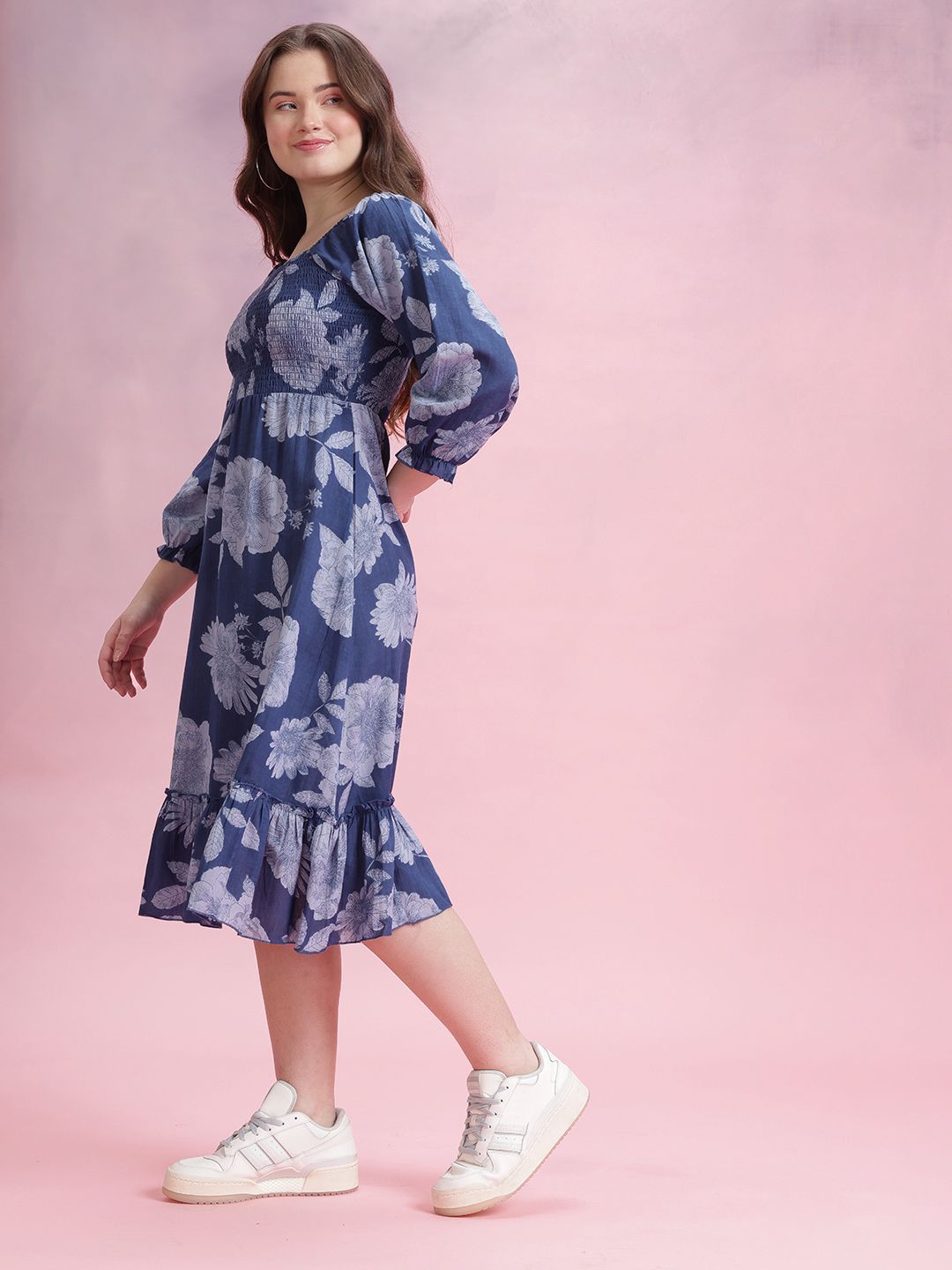 DressBerry Floral Print Smocked Puff Sleeve Fit & Flare Dress