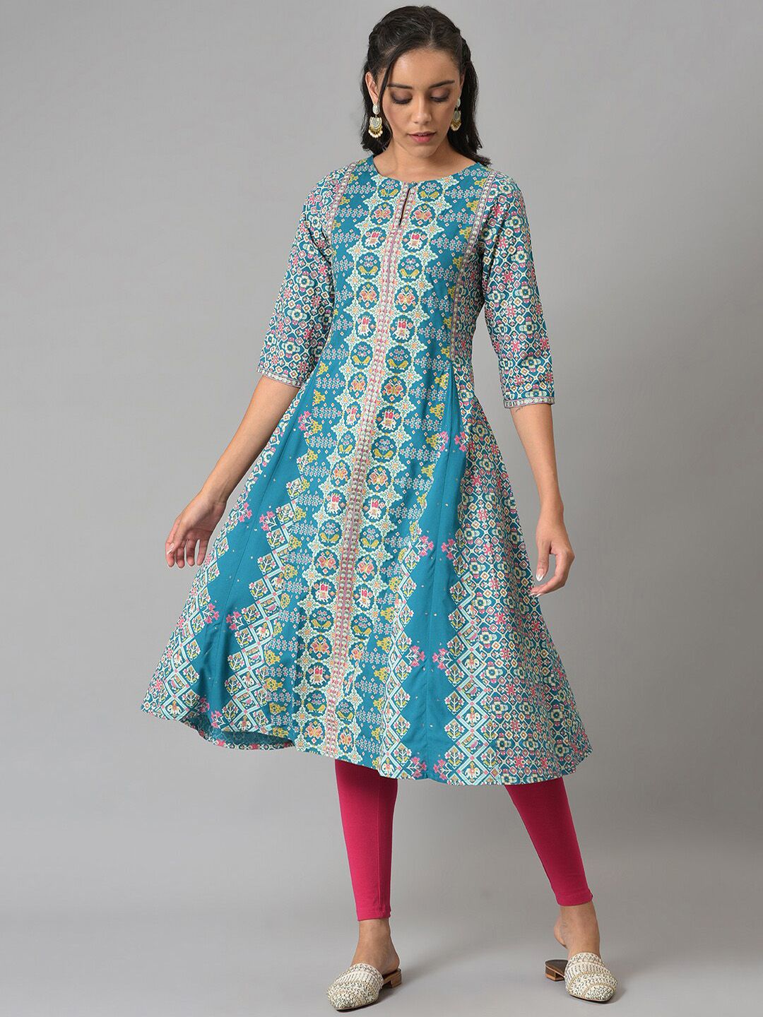 W Women Blue Ethnic Motifs Printed Anarkali Kurta
