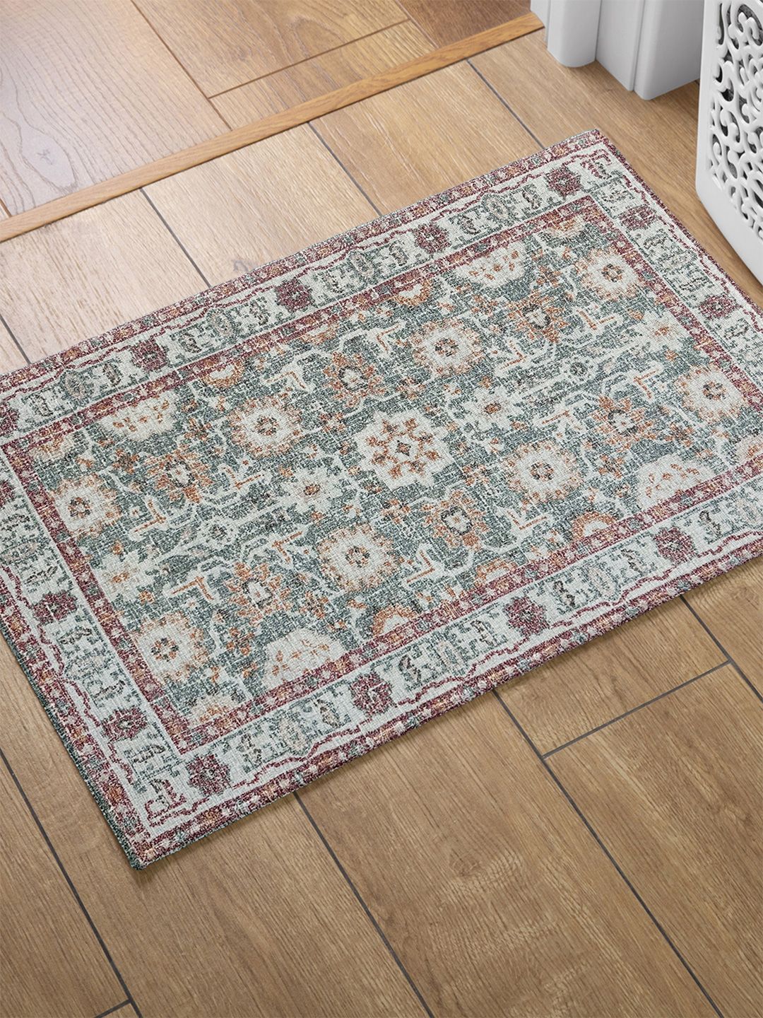 URBAN SPACE Green & White Ethnic Motifs Printed Vintage Anti-Skid Carpet