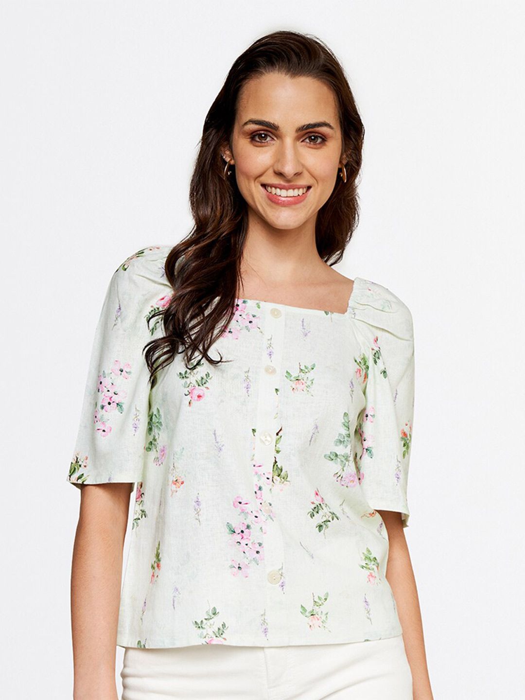 AND Green Floral Printed Round Neck Linen Top