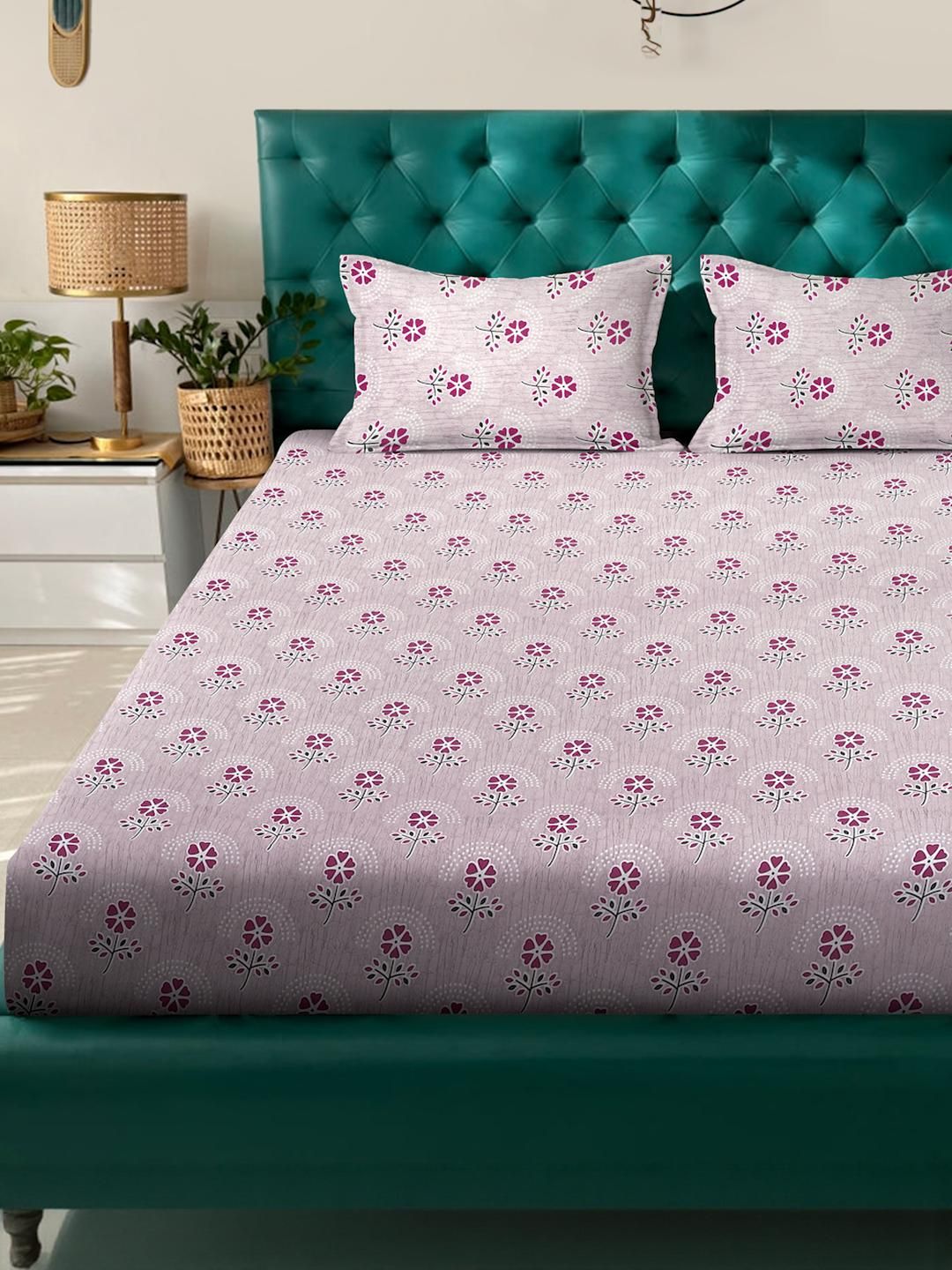 KLOTTHE Pink Floral Pure Cotton 400 TC King Fine Bedsheet with 2 Pillow Covers-98 x 89 inches