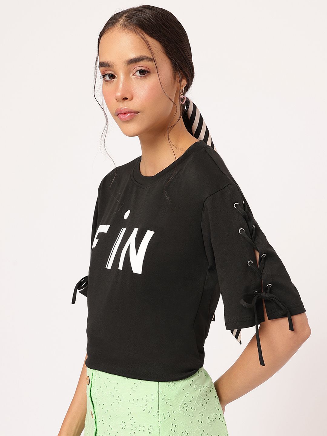 DressBerry Elevated MonoBasic Lace-Up Flared Sleeves Printed Tee