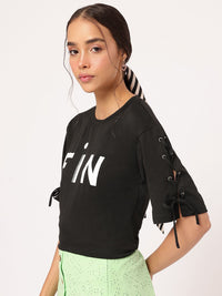 DressBerry Elevated MonoBasic Lace-Up Flared Sleeves Printed Tee