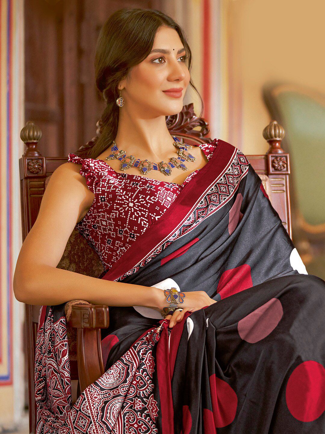 Saree mall Polka Dot Poly Crepe Bagru Sarees