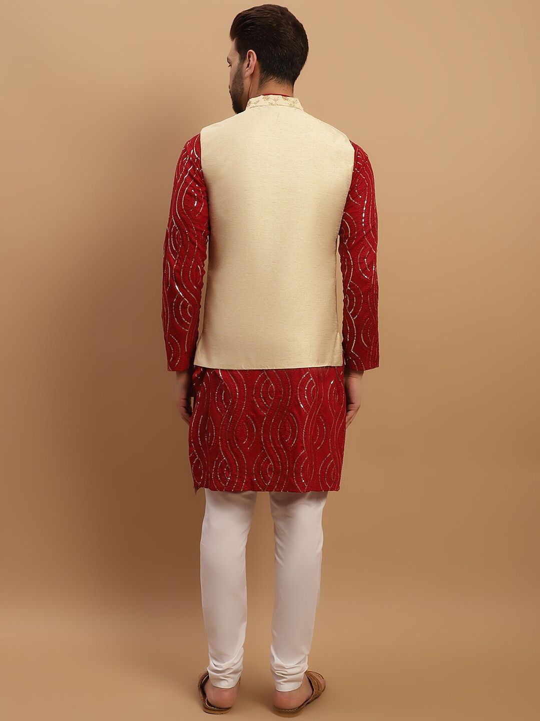 SOJANYA Embroidered Sequinned Pure Cotton Kurta with Churidar & Embroidered Nehru Jacket