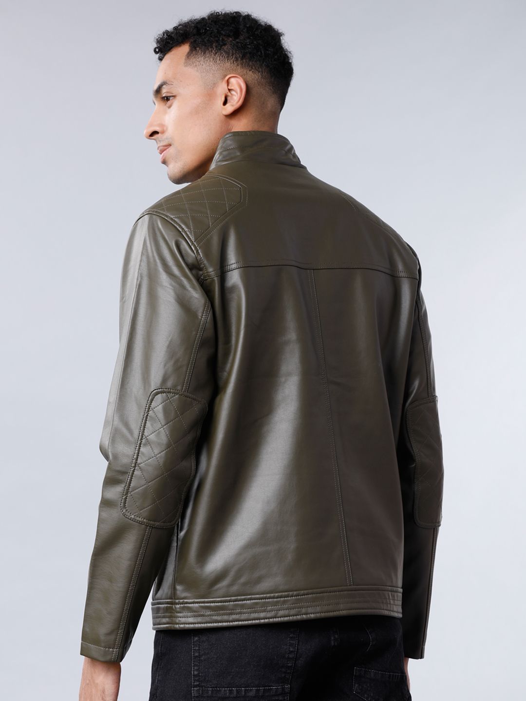 HIGHLANDER Men Olive Green Solid Biker Jacket