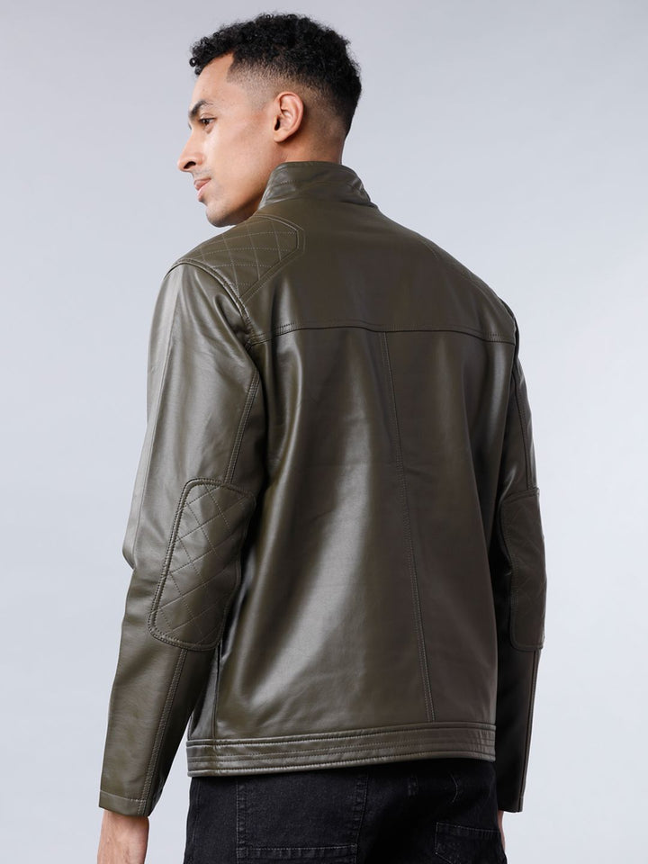 HIGHLANDER Men Olive Green Solid Biker Jacket