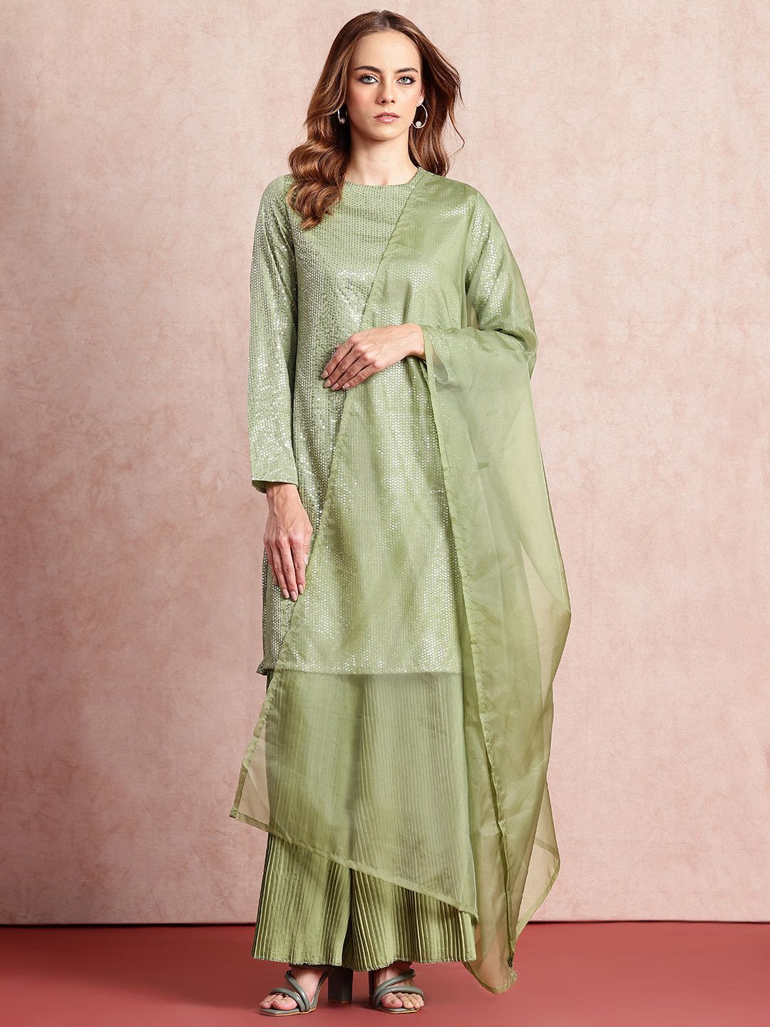 all about you Sequinned Detail Kurta with Trousers & Dupatta