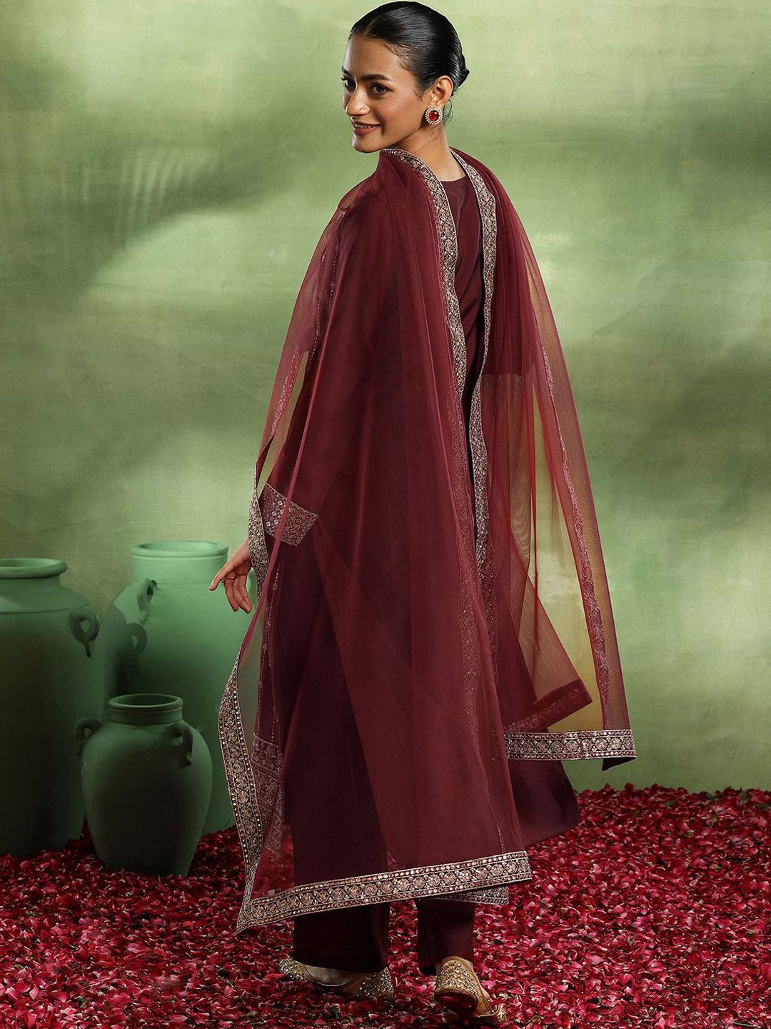 Libas Floral Embroidered Sequinned Straight Kurta with Trouser & Dupatta