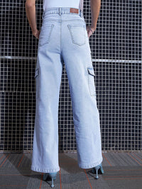 SASSAFRAS Women Straight Fit High-Rise Heavy Fade Stretchable Cargo Jeans