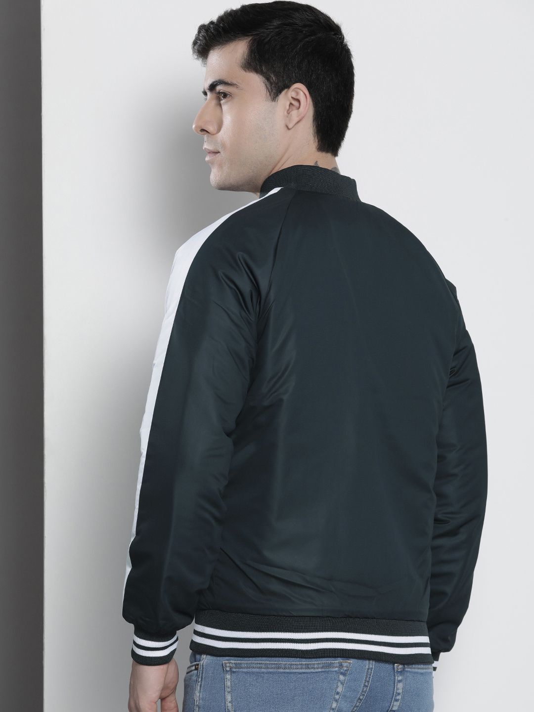 The Indian Garage Co Men Navy Blue White Striped Bomber Jacket