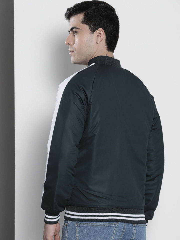 The Indian Garage Co Men Navy Blue White Striped Bomber Jacket