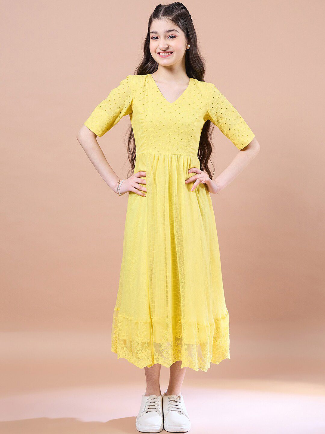 pspeaches Girls Cotton V-Neck Short Sleeves Fit & Flare Midi Dress