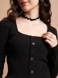 Tokyo Talkies Black Ribbed Crop Acrylic Front-Open Sweaters
