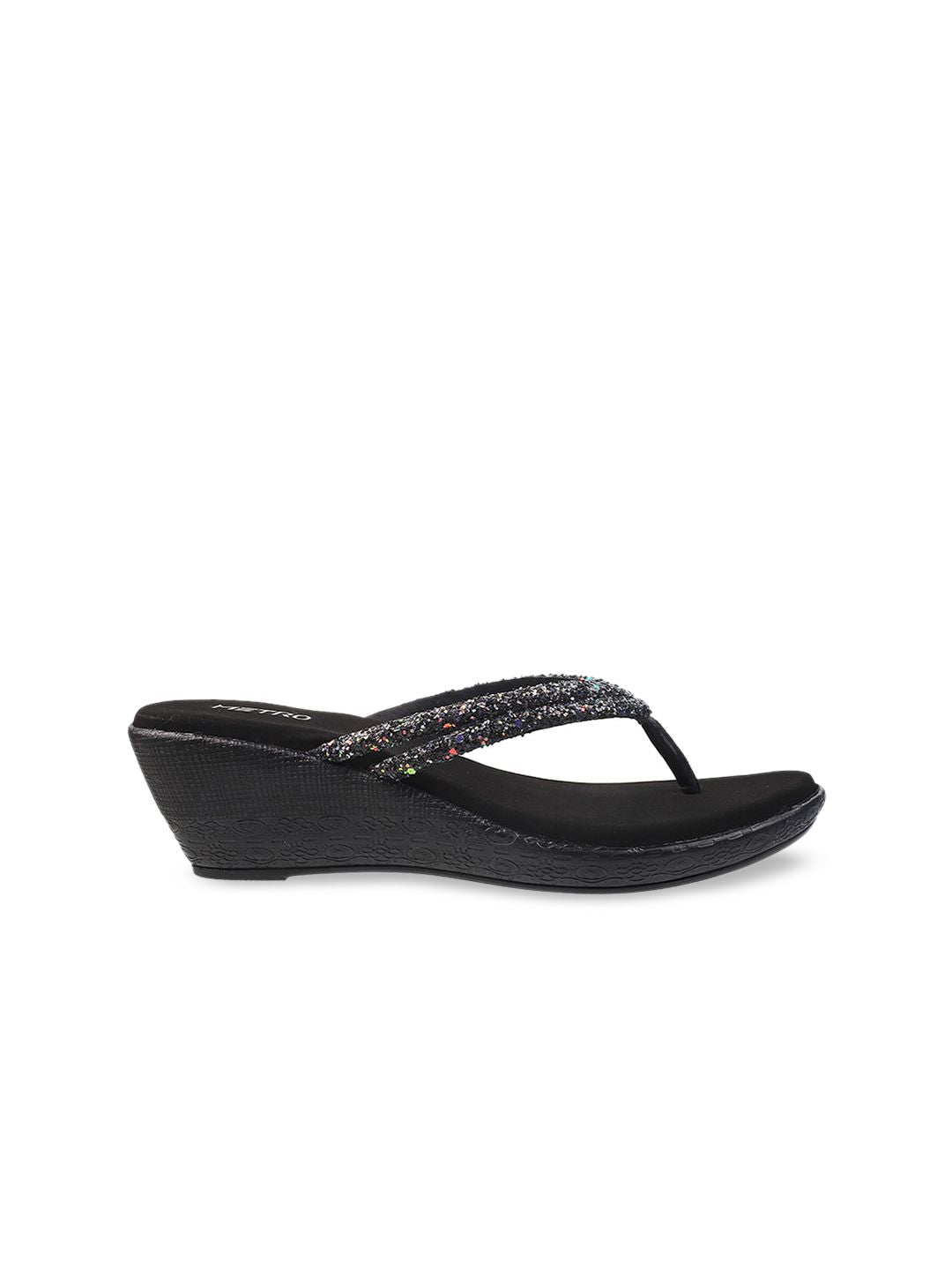Metro Black Embellished Wedge Sandals
