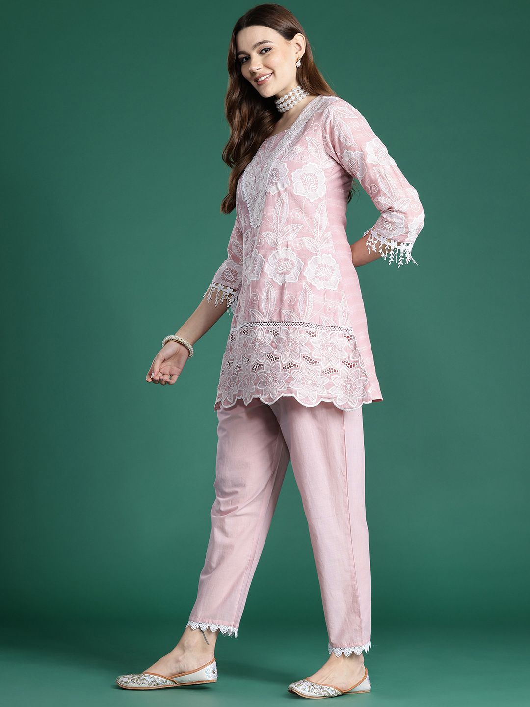 Indo Era Floral Embroidered Pure Cotton Co-Ords