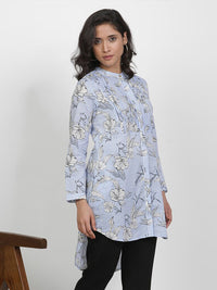 W Floral Printed Shirt Collar Cuffed Sleeves Cotton High-Low Longline Top