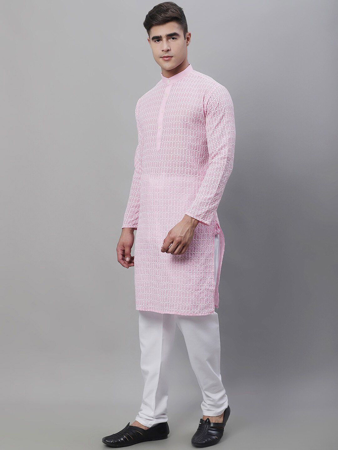 SOJANYA Men Pink Sulam Kurta Kapas Tulen Biasa dengan Churidar