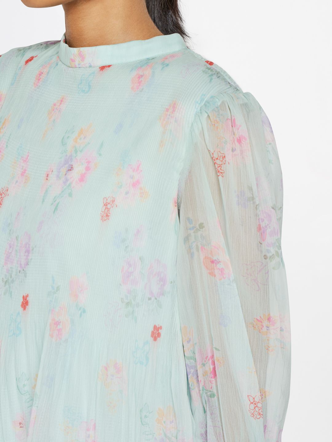 AND Floral Printed Round Neck Puff Sleeve Regular Top