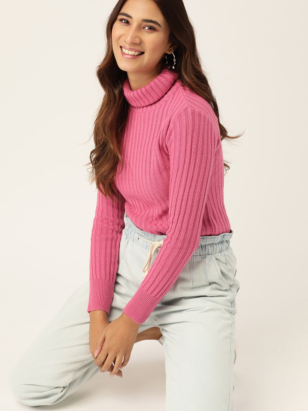 DressBerry Women Pink Self-Striped Pullover Sweater
