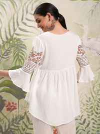 Vishudh White Floral Embroidered Tie-Up Neck Flared Sleeves Short A-Line Top
