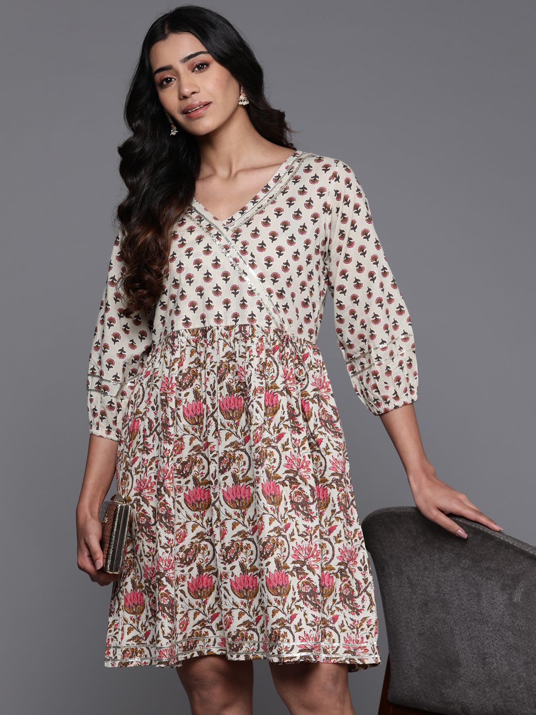 Libas Floral Print V-Neck Puff Sleeve Gathered Or Pleated Wrap Dress