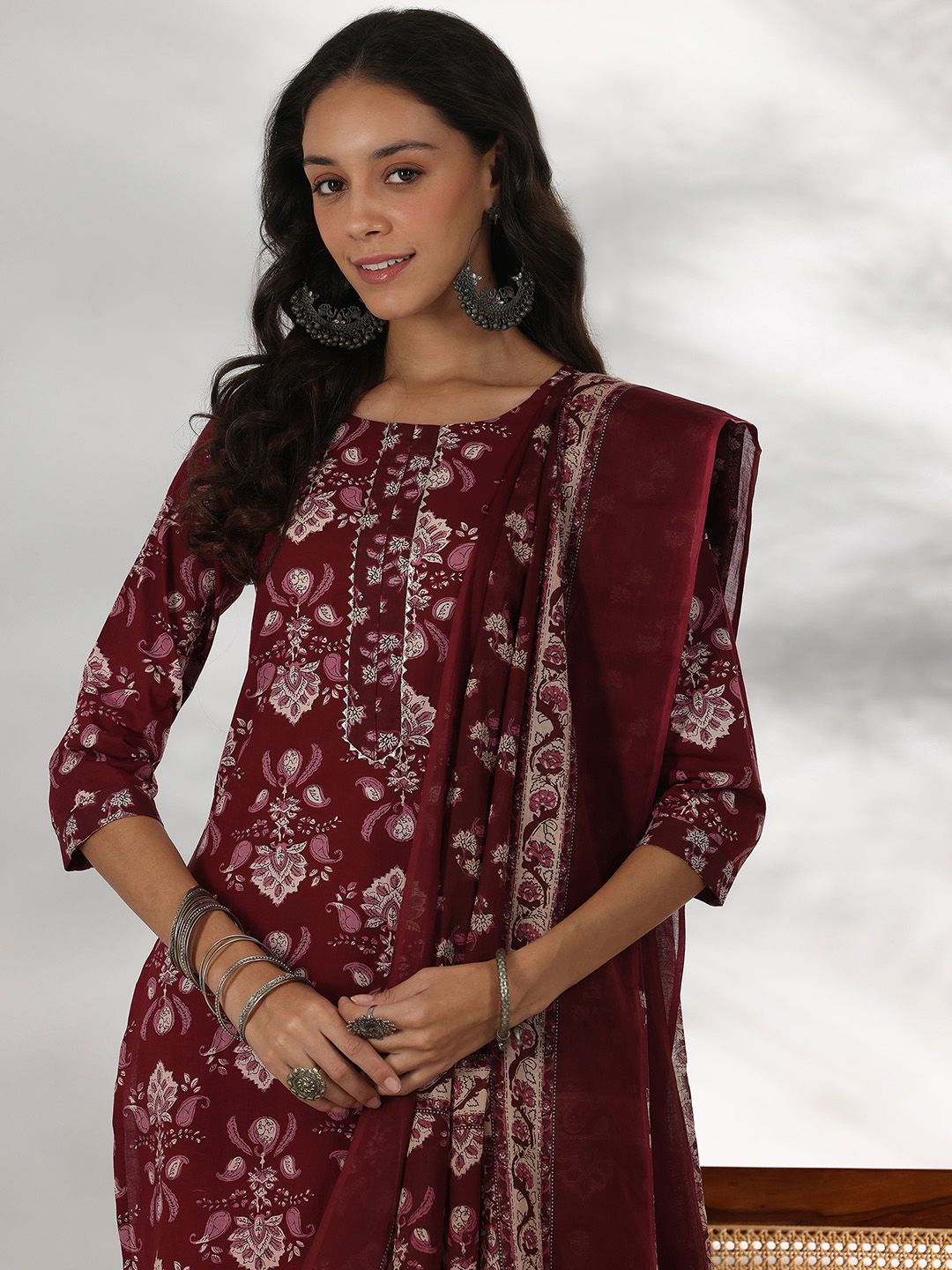 Libas Floral Printed Gotta Patti Pure Cotton Straight Kurta with Trouser & Dupatta