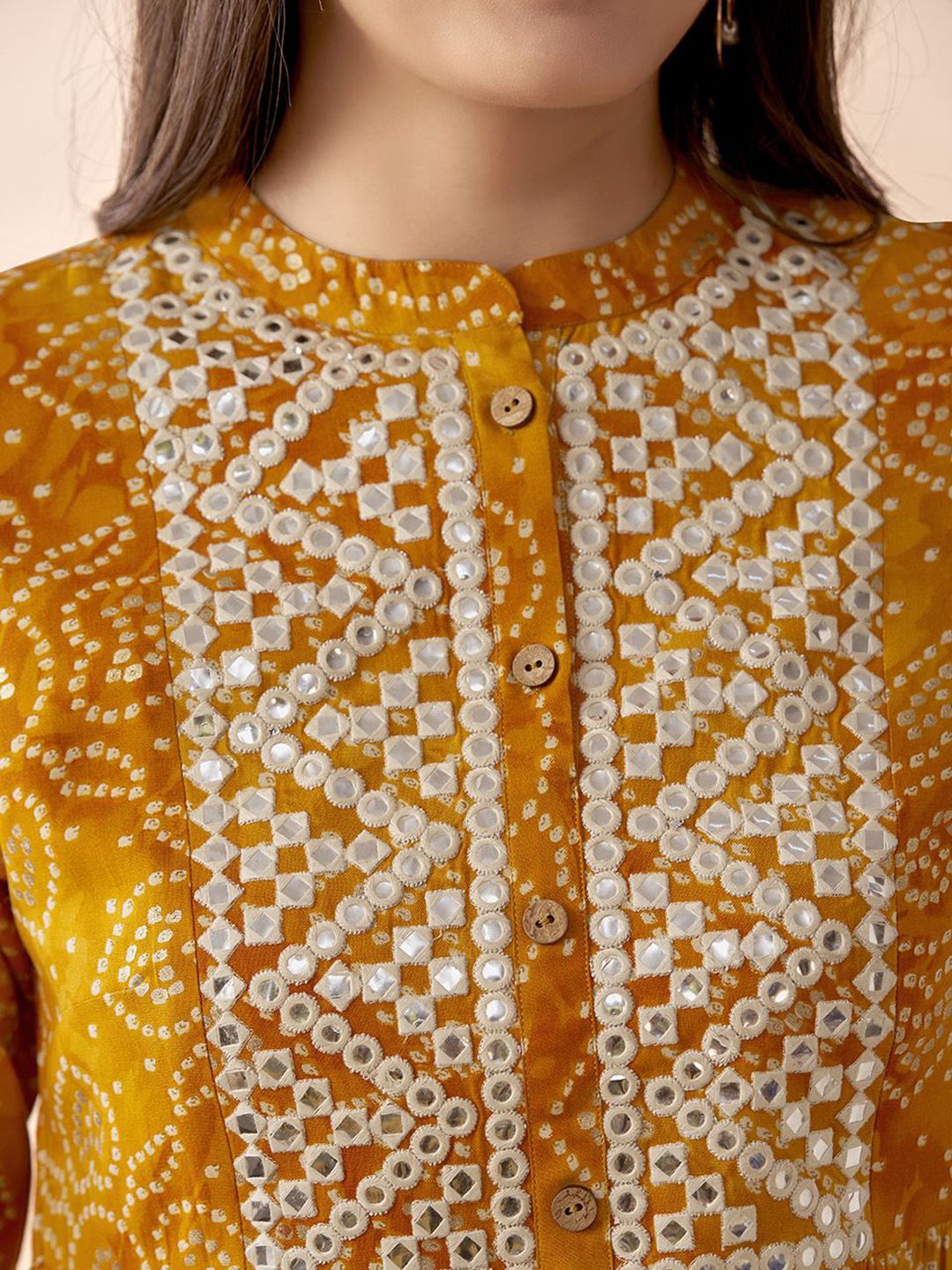 Anouk Bandhani Printed Thread Work A-Line Short Kurti