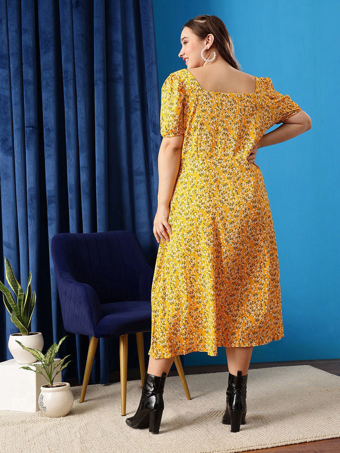 CURVY STREET Plus Size Floral Printed Square Neck Gathered Flounce A-Line Dress