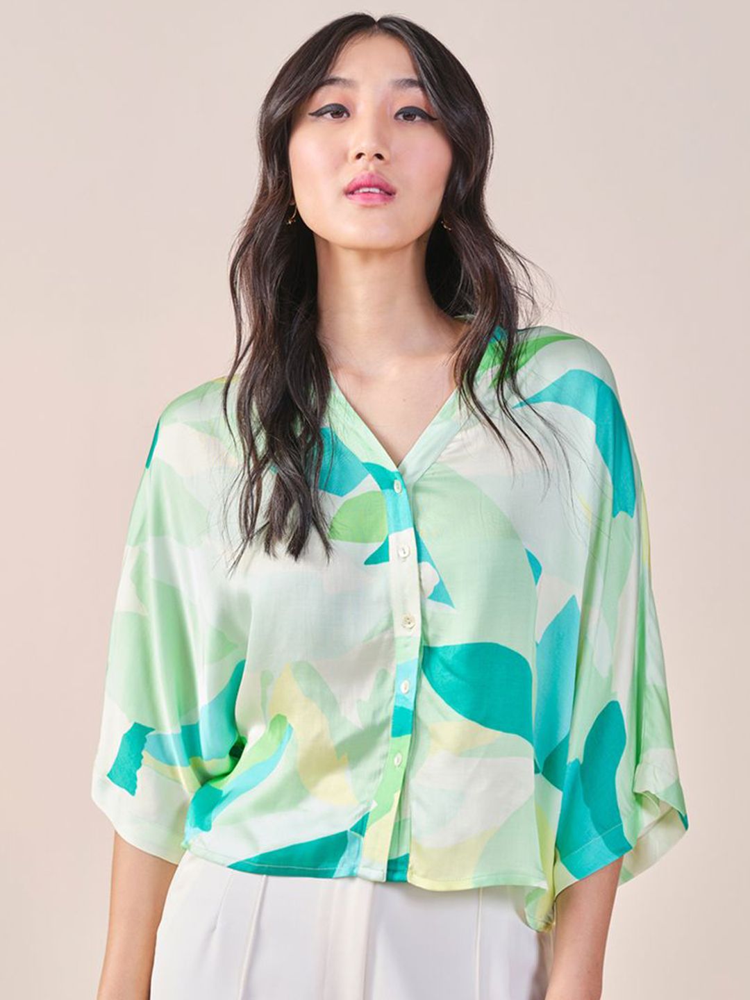 AND viscose rayon tropical print shirt collar extended sleeves shirt style top