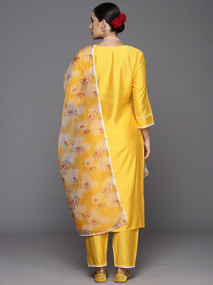 Indo Era Floral Yoke Design Regular Sequinned Liva Kurta with Trousers & Dupatta