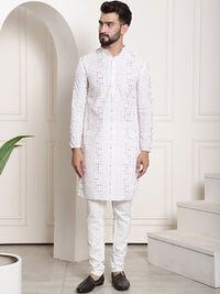 SOJANYA Lelaki White Geometric Printed Thread Work Kurta
