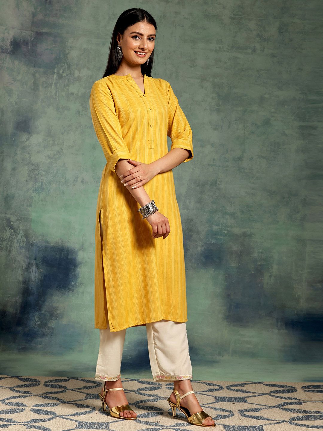 Libas Striped Mandarin Collar Straight Kurta