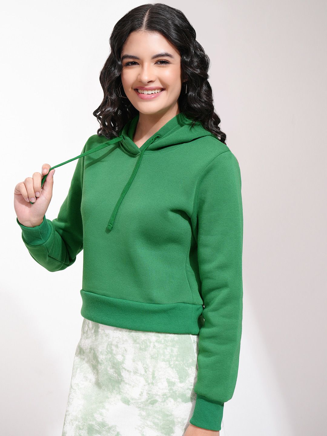 Tokyo Talkies Women Green Solid Hooded Sweatshirt